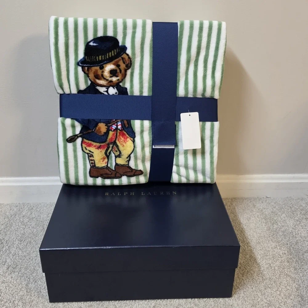 Ralph Lauren Polo Bear Throw Blanket 50x70 Green Stripe Teddy Bear NWT‎ Gift Box